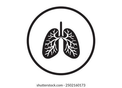 This vector illustration features a black and white image of human lungs enclosed within a circular border. The design highlights the bronchial tree structure. Isloated on white background