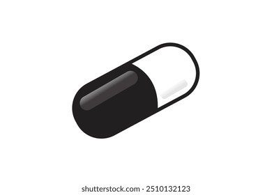 This vector illustration features a black and white capsule pill on a clean white background, representing medication, pharmaceuticals, or health-related themes in a minimalist design.