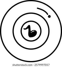 This vector illustration features a black and white minimalist line art icon of a vinyl record with a music note at the center