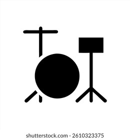 This vector illustration features a black drum set with a bass drum, snare drum, and cymbal. The design is minimalist and can be used for music related projects or events.