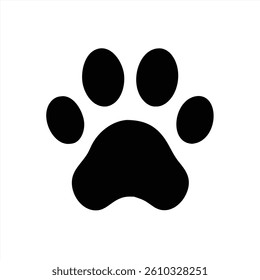 This vector illustration features a black paw print, showcasing five rounded pads against a clean white background. The design emphasizes a sleek and modern style suitable for various projects.