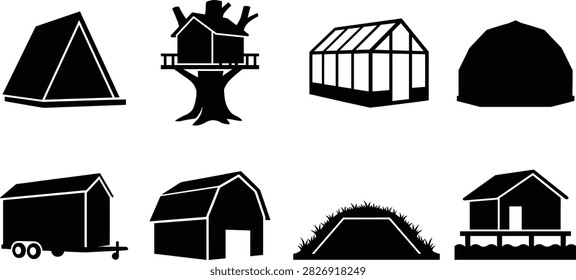 This vector illustration features black silhouettes of various small structures, including tents, barns, treehouses, greenhouses, and cabins. Perfect for architectural design, camping, rural living, and construction-related creative projects emphasizing shelter and outdoor concepts.