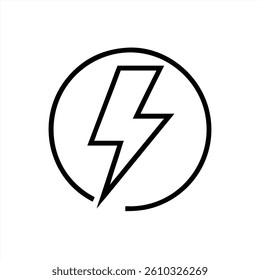 This vector illustration features a bold, stylized lightning bolt within a circular outline. The design emphasizes energy and power, made clear through its sharp angles and minimalistic style.