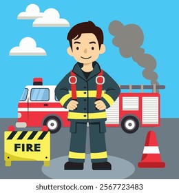 This vector illustration features a brave firefighter in uniform, actively responding to an emergency. Behind him, a fire truck is ready to support, symbolizing courage, 