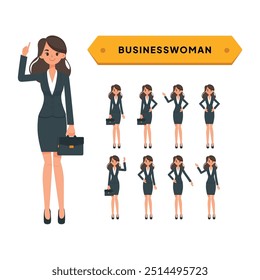 This vector illustration features a businesswoman in multiple poses, wearing a dark business suit and holding a briefcase. The cartoon character is seen pointing, standing confidently, and gesturing, 