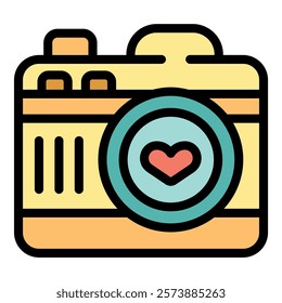 This vector illustration features a camera capturing a heart in its lens, symbolizing a passion for photography