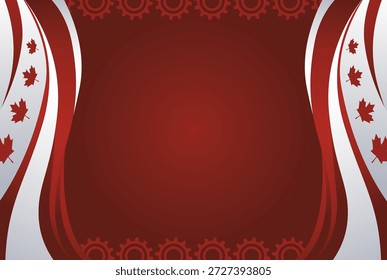 Esta ilustração vetorial apresenta um fundo abstrato com tema canadense com linhas onduladas vermelhas e brancas fluindo e folhas de bordo estilizadas. O design evoca a bandeira canadense e é perfeito para banners do "Happy Canada Day", cartões de felicitações ou projetos patrióticos digitais e impressos.