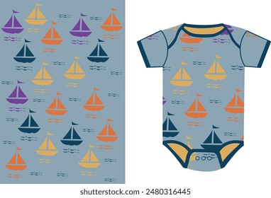 This vector illustration features a charming seamless pattern of baby boats, perfect for nursery decorations, baby apparel, and playful themed projects.