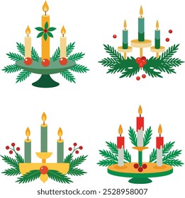 This vector illustration features a charming set of Christmas candlelight table decorations, showcasing beautifully designed candles adorned with festive greenery and ornaments. 