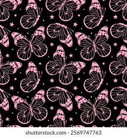 This vector illustration features a charming pattern of butterflies in emo style, pink and black . Perfect for bold designs, fashion, and youthful art, it embodies a unique, edgy aesthetic.