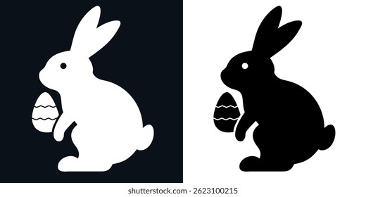 This vector illustration features a charming Easter bunny silhouette presented in a mirrored black-and-white layout. The right side displays a black bunny on a white background.