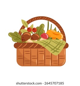 Esta ilustração vetorial apresenta uma cesta encantadora preenchida com uma variedade de cogumelos e bagas. As cores vibrantes e texturas detalhadas criam uma representação deliciosa da abundância da natureza