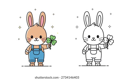 Esta ilustração vetorial apresenta um encantador coelho estilo mascote usando calças jeans e segurando um trevo verde da sorte, adequado para desenhos infantis ou temas de férias.