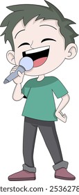 This vector illustration features a cheerful young boy singing passionately into a microphone, expressing joy and excitement