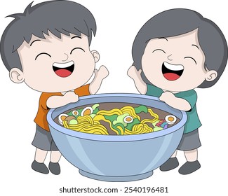 This vector illustration features a cheerful boy and girl mascot holding a large bowl filled with ramen noodles, topped with various ingredients