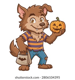 This vector illustration features a cheerful cartoon werewolf character with brown fur, pointed ears, and a friendly smile showing small fangs. Dressed in a torn purple and yellow striped shirt with ripped blue pants, the werewolf holds a carved jack‑o’‑lantern pumpkin in one hand and a trick‑or‑treat bag with a bat design in the other. Perfect for Halloween branding, party decorations, posters, and creative merchandise.
#Werewolf #Halloween #Pumpkin #JackOLantern #Bag #TrickOrTreat #Candy #Monster #Cartoon #Character #Mascot #Spooky #Cute #Playful #Friendly #Fangs #Smile #Shirt #Pants #Torn #Ripped #Brown #Fur #Ears #Fantasy #Holiday #Festive #Vector #Illustration #Design #Graphic #Creative #Professional #Awareness