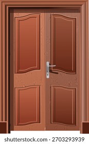 This vector illustration features a classic double wooden door with detailed panel work, smooth curves, and a realistic wood-grain texture. Designed in warm brown tones, the door includes a metallic 