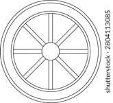 This vector illustration features a clean black outline of a classic eight-spoke wagon wheel. It is perfect for western-themed logos, historical branding, children