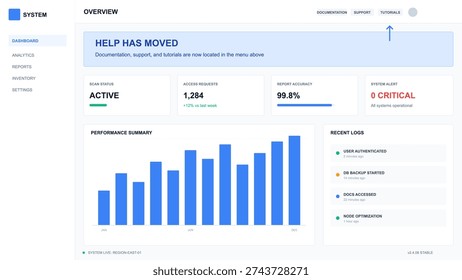 This vector illustration features a clean software dashboard with a performance bar chart and system metrics. It displays analytics data for business management and monitoring.