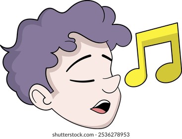 This vector illustration features a close up of a young person’s face with a blissful expression while singing, accompanied by a large yellow musical note