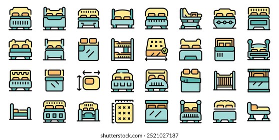 Esta Ilustración vectorial presenta una colección de iconos coloridos que representan varios tipos y tamaños de cama, perfectos para proyectos relacionados con muebles, diseño de interiores y descanso