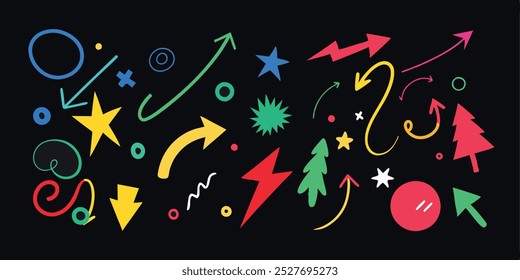 This vector illustration features a collection of playful and colorful hand-drawn doodles, arrows, and shapes, perfect for adding a touch of whimsy to your designs.