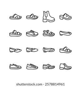 This vector illustration features a collection of simple line art icons representing various shoe styles