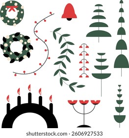 This vector illustration features a collection of festive elements, likely intended for Christmas or holiday-themed designs. The style is minimalist and graphic, modern, 2026