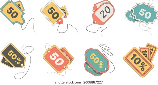 This vector illustration features a collection of eight unique retail tags, each with a distinct shape and design. The set includes tags with notched corners.
