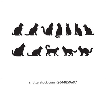 This vector illustration features a collection of elegant black cat silhouettes in diverse poses, perfectly isolated on a clean white background.