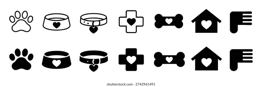 This vector illustration features a collection of pet care icons. It includes a paw print, food bowl, collar, medical cross, bone, house, and comb, useful for pet services and veterinary themes.