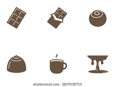 This vector illustration features a collection of brown solid flat icons celebrating chocolate and confectionary themes. The set includes essential symbols such as a segmented chocolate bar, an unwrapped chocolate bar, decorative truffles, a hot cup of coffee, and a melting chocolate fountain drip. Cleanly designed with a modern and rich aesthetic, these graphic elements are ideal for candy packaging, dessert menus, confectionery branding, and food-related design projects.

#ChocolateIcons #ChocolateBar #Truffles #SweetTreats #FoodIcons #VectorGraphics #ConfectioneryDesign #DessertArt #ModernIcons #VectorIllustration