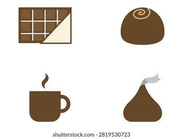 This vector illustration features a collection of brown flat icons celebrating chocolate, coffee, and confectionery themes. The set includes essential symbols such as an unwrapped chocolate bar, a decorative truffle candy, a hot cup of coffee with steam, and a foil-wrapped kiss candy. Cleanly designed with a modern and rich aesthetic, these graphic elements are ideal for candy packaging, dessert menus, confectionery branding, and food-related design projects.

#ChocolateIcons #ChocolateBar #TruffleCandy #SweetTreats #FoodIcons #VectorGraphics #ConfectioneryDesign #DessertArt #ModernIcons #VectorIllustration