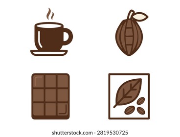 This vector illustration features a collection of brown flat icons celebrating chocolate, coffee, and cacao themes. The set includes essential symbols such as a hot cup of coffee with steam, a whole cacao pod with a leaf, a segmented chocolate bar, and a framed graphic featuring coffee beans and a leaf. Cleanly designed with a modern and rich aesthetic, these graphic elements are ideal for cafe branding, dessert menus, candy packaging, and food-related design projects.

#ChocolateIcons #CoffeeArt #CacaoPod #ChocolateBar #FoodIcons #VectorGraphics #CafeDesign #SweetTreats #ModernIcons #VectorIllustration
