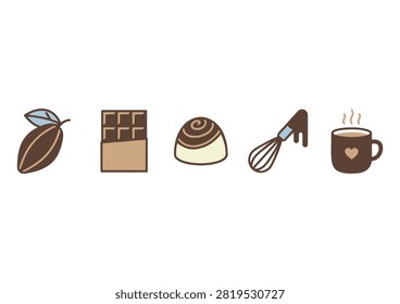 This vector illustration features a collection of brown flat icons celebrating chocolate, coffee, and baking themes. The set includes essential symbols such as a cacao pod with a leaf, an unwrapped chocolate bar, a decorative truffle candy, a whisk covered in chocolate drips, and a hot cup of coffee with a heart symbol. Cleanly designed with a modern and rich aesthetic, these graphic elements are ideal for candy packaging, dessert menus, confectionery branding, and food-related design projects.

#ChocolateIcons #CacaoPod #ChocolateBar #SweetTreats #FoodIcons #VectorGraphics #ConfectioneryDesign #DessertArt #ModernIcons #VectorIllustration