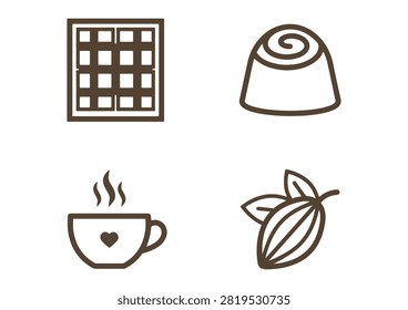 This vector illustration features a collection of brown outline icons celebrating chocolate, coffee, and confectionary themes. The collection includes a segmented chocolate bar, a decorative truffle candy, a hot cup of coffee with a heart symbol, and cacao beans with leaves. Cleanly designed with a minimalist line art aesthetic, these graphic elements are ideal for cafe branding, dessert menus, candy packaging, and food-related design projects.

#ChocolateIcons #CacaoBeans #CoffeeArt #FoodIcons #VectorGraphics #LineArt #CafeDesign #SweetTreats #ModernIcons #VectorIllustration