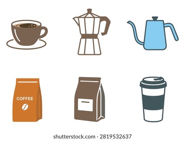 This vector illustration features a collection of flat icons celebrating coffee and cafe themes. The set includes essential symbols such as a cup of coffee on a saucer, a moka pot, a brewing kettle, coffee bean bags, and a takeaway cup. Cleanly designed with a modern and cozy aesthetic, these graphic elements are ideal for cafe branding, coffee shop menus, packaging design, and beverage-related projects.

#CoffeeIcons #CafeDesign #CoffeeShop #CoffeeBean #VectorGraphics #BeverageArt #CoffeeLovers #ModernIcons #VectorIllustration #CoffeeCulture