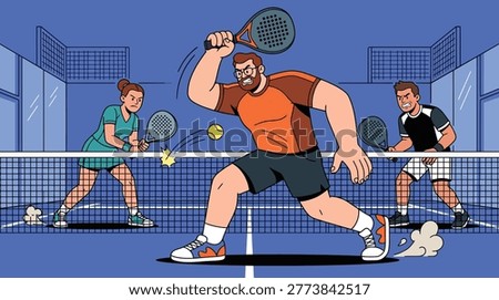 This vector illustration features competitive people playing padel tennis on a court with aggressive expressions, capturing the intense sports action.