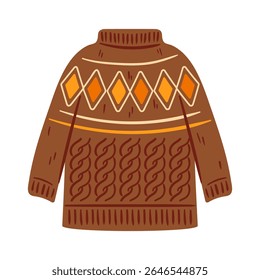 Esta ilustração vetorial apresenta um suéter acolhedor de malha marrom adornado com um padrão geométrico atraente. Perfeito para designs de moda, temas de inverno e apresentações de vestuário elegante.
