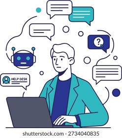 This vector illustration features a customer support representative using a laptop, surrounded by chat bubbles, a help desk interface, and AI chatbot icons. It highlights modern support workflows combining human assistance with automated chatbot communication for faster responses and improved user experience. The clean flat design and professional color palette make it ideal for call centers, SaaS dashboards, customer service platforms, support ticket systems, and digital communication materials. The artwork emphasizes efficiency, smart support, and seamless client interaction.