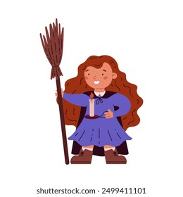 This vector illustration features a cute little red-haired witch girl wearing a black long cloak. She has a lit candle and a broom. The character fits perfectly with the Halloween theme.