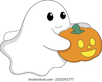 Esta ilustração vetorial apresenta um personagem fantasma bonito e amigável voando enquanto segurando um macaco sorridente ou abóbora lanterna, perfeito para projetos temáticos de Halloween