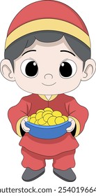 This vector illustration features a cute Chinese boy dressed in a traditional red outfit, symbolizing good luck and happiness