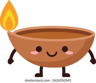 This vector illustration features a cute diya lamp with a smiling face and bright orange flame, perfect for festival decorations and celebration themes, conveying a joyful mood.