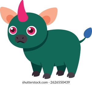 This vector illustration features a cute green baby unicorn with a pink horn and blue tail in a simple style, evoking a playful and friendly mood.
