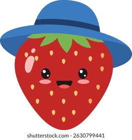 This vector illustration features a cute smiling strawberry character with a blue hat, red body, and green leaves, expressing cheerful and playful mood.