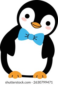 This vector illustration features a cute penguin with a blue bow tie and orange feet, designed in a simple cartoon style for childrens projects and fun themes, cheerful mood.