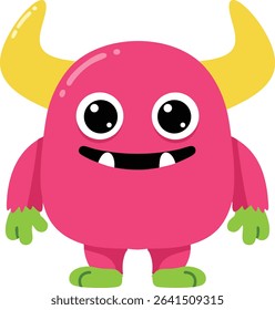 This vector illustration features a cute pink monster with yellow horns, big eyes, and green hands and feet, designed in a playful cartoon style. Cheerful and fun.