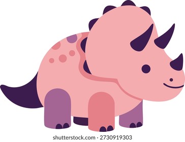 Diese Vektorgrafik zeigt einen niedlichen rosa Baby Triceratops Dinosaurier mit violetten Akzenten und freundlichem Ausdruck, perfekt für Kinder Lernmaterialien oder spielerische Projekte. Fröhliche Stimmung.