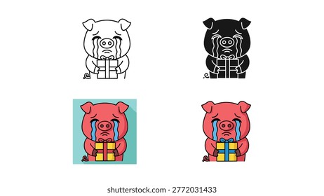 This vector illustration features a cute, sad cartoon pig character holding a gift box and crying. Ideal for themes of disappointment, sadness, or unwelcome surprises in marketing and design.